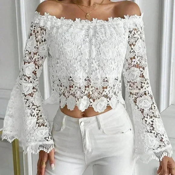 White Elegant Women's Summer Solid Color Lace Off-Shoulder Flare Sleeve Blouse - Picture 5 of 6